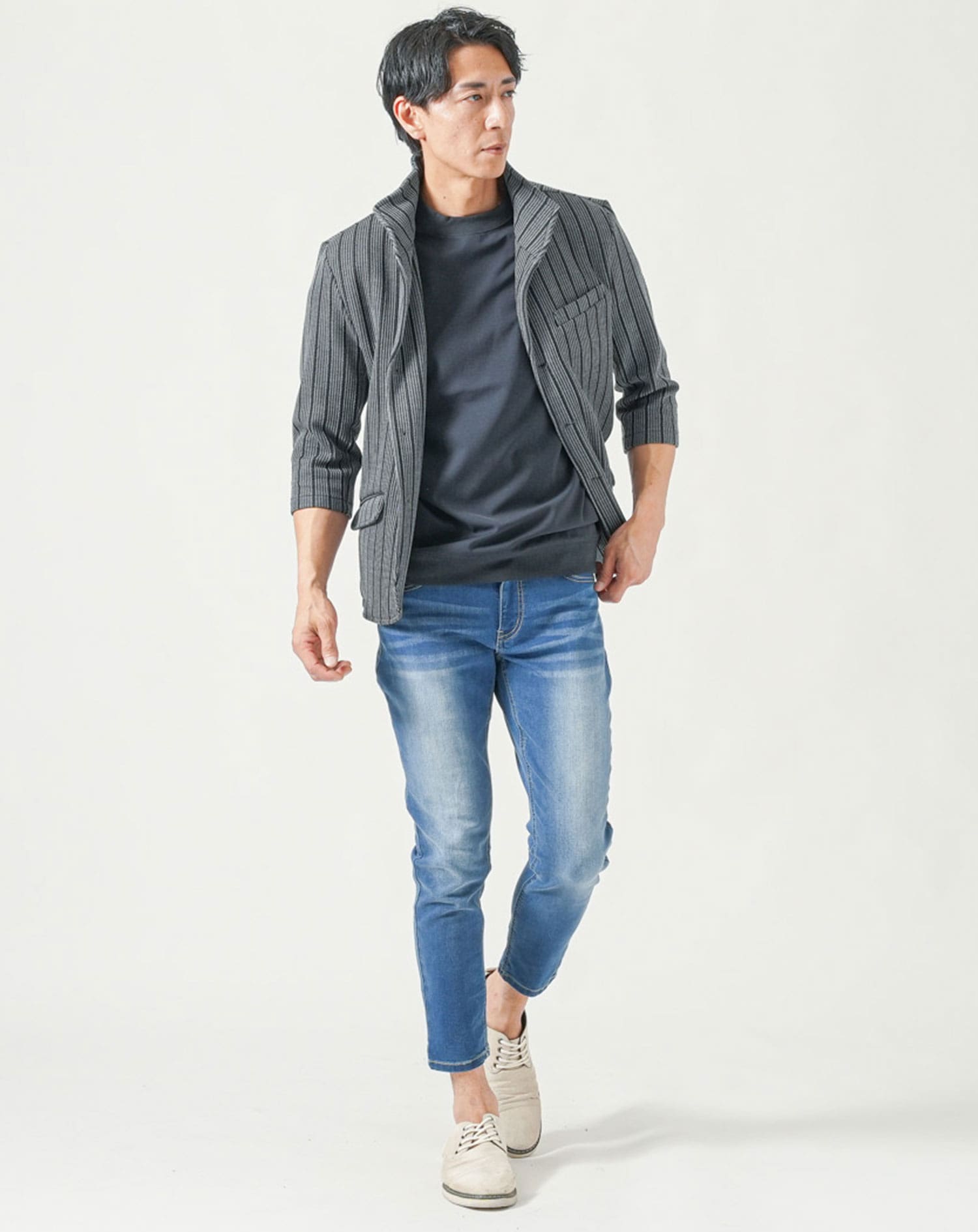 メンズ夏服トップス3点コーデセット　グレー7分袖ジャケット×白半袖Tシャツ×ネイビー半袖Tシャツ