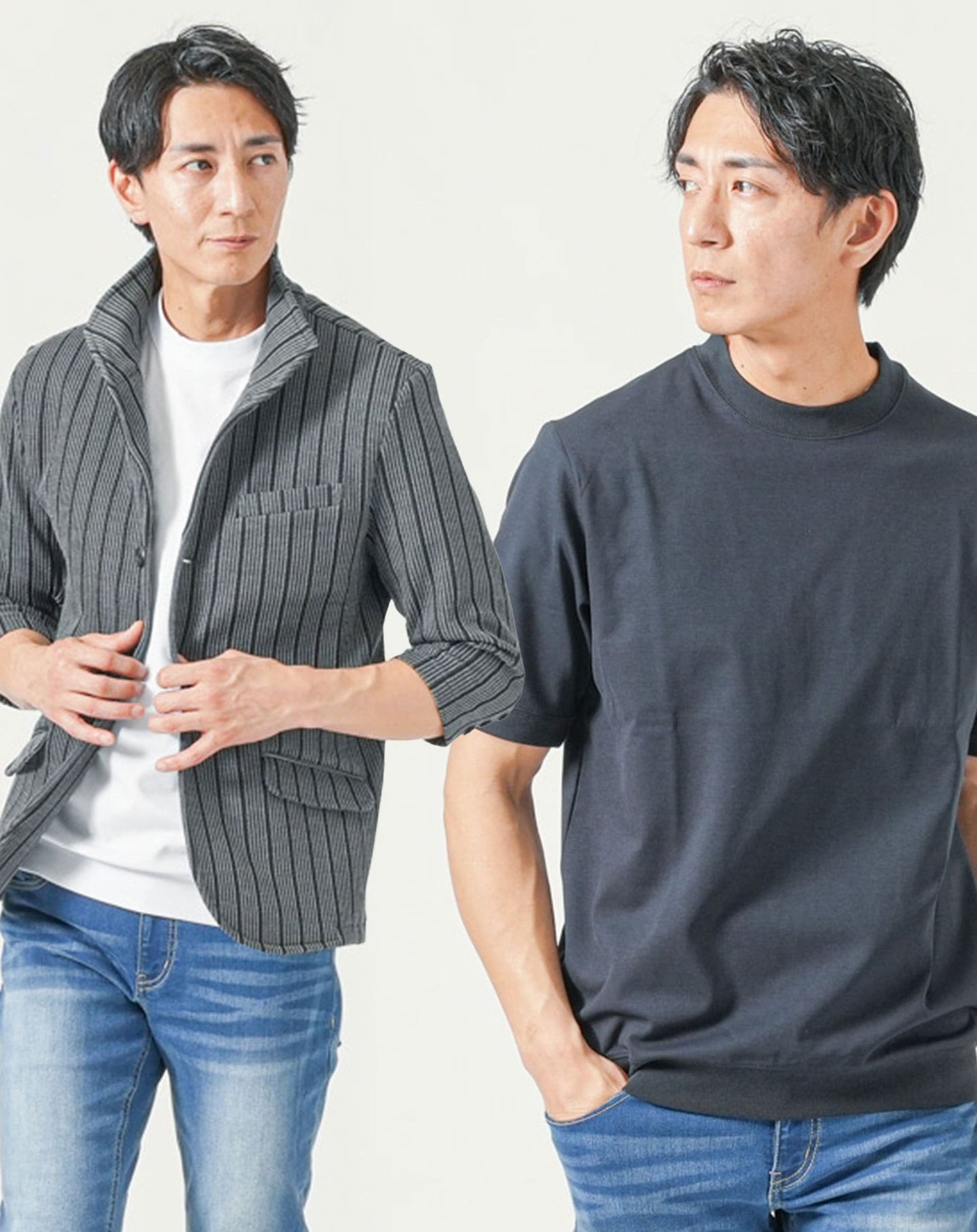 メンズ夏服トップス3点コーデセット　グレー7分袖ジャケット×白半袖Tシャツ×ネイビー半袖Tシャツ