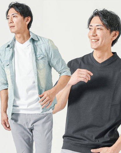 メンズ夏服トップス3点コーデセット　サックスブルー7分袖デニムシャツ×白半袖Tシャツ×黒半袖Tシャツ