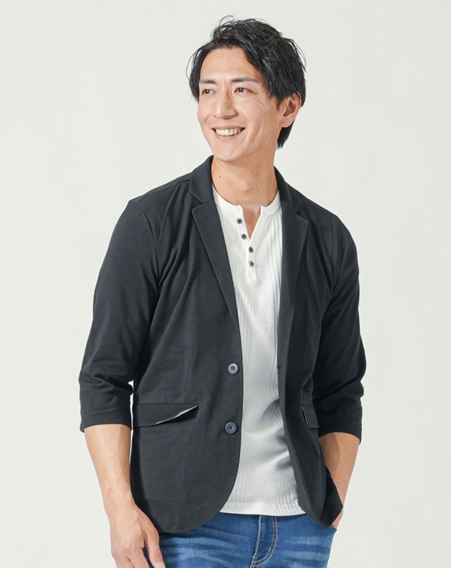 メンズ夏服トップス3点コーデセット　ネイビー7分袖テーラードジャケット×白7分袖Tシャツ×杢黒7分袖Tシャツ