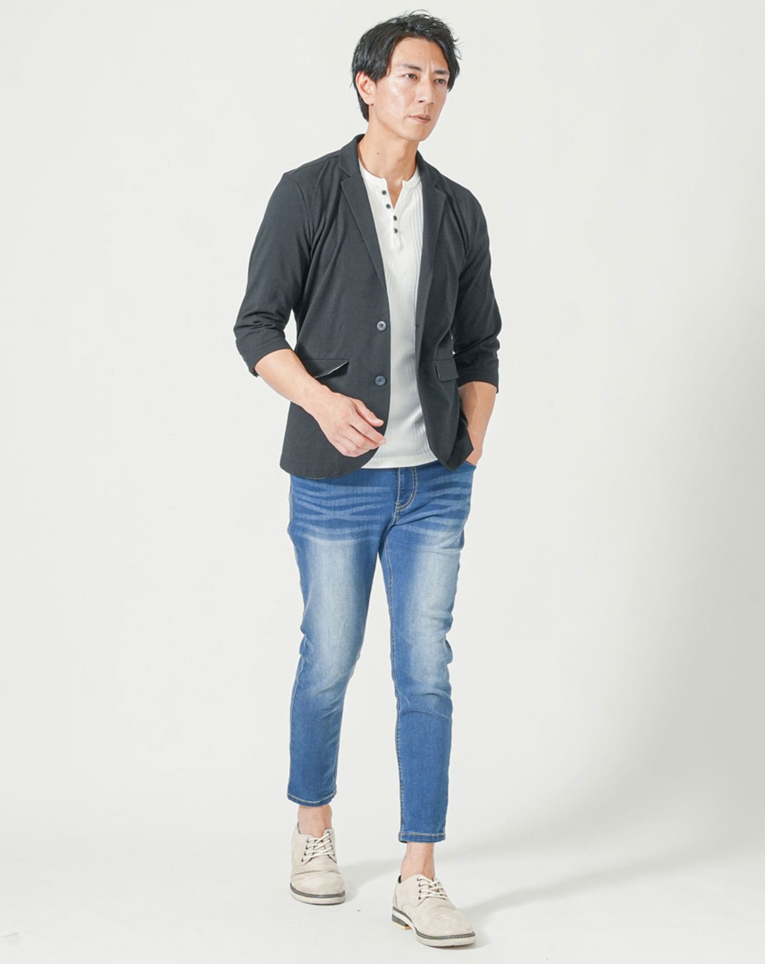 メンズ夏服トップス3点コーデセット　ネイビー7分袖テーラードジャケット×白7分袖Tシャツ×杢黒7分袖Tシャツ