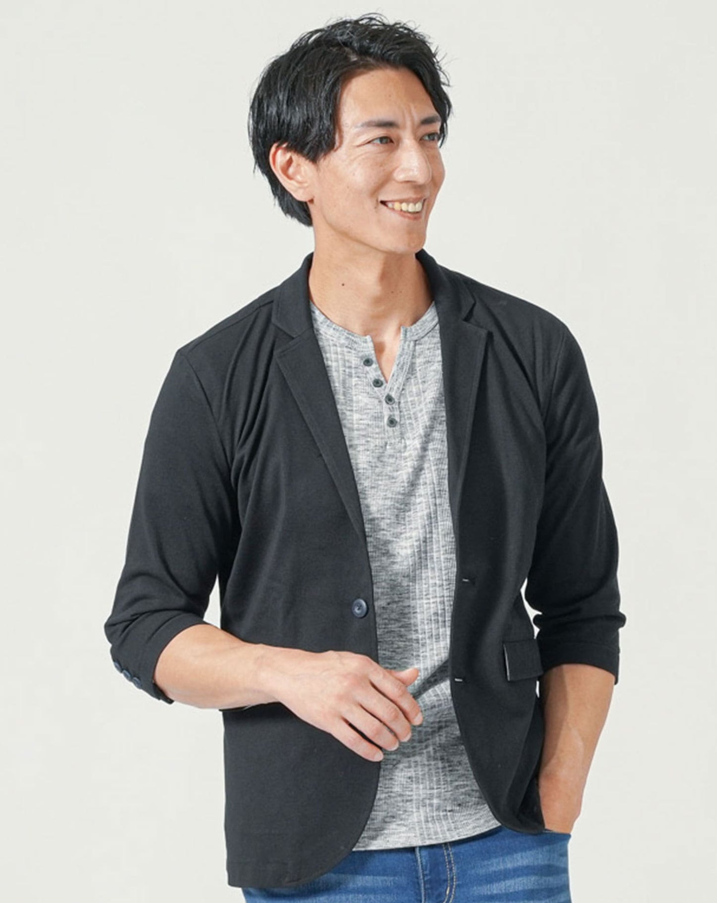 メンズ夏服トップス3点コーデセット　ネイビー7分袖テーラードジャケット×白7分袖Tシャツ×杢黒7分袖Tシャツ