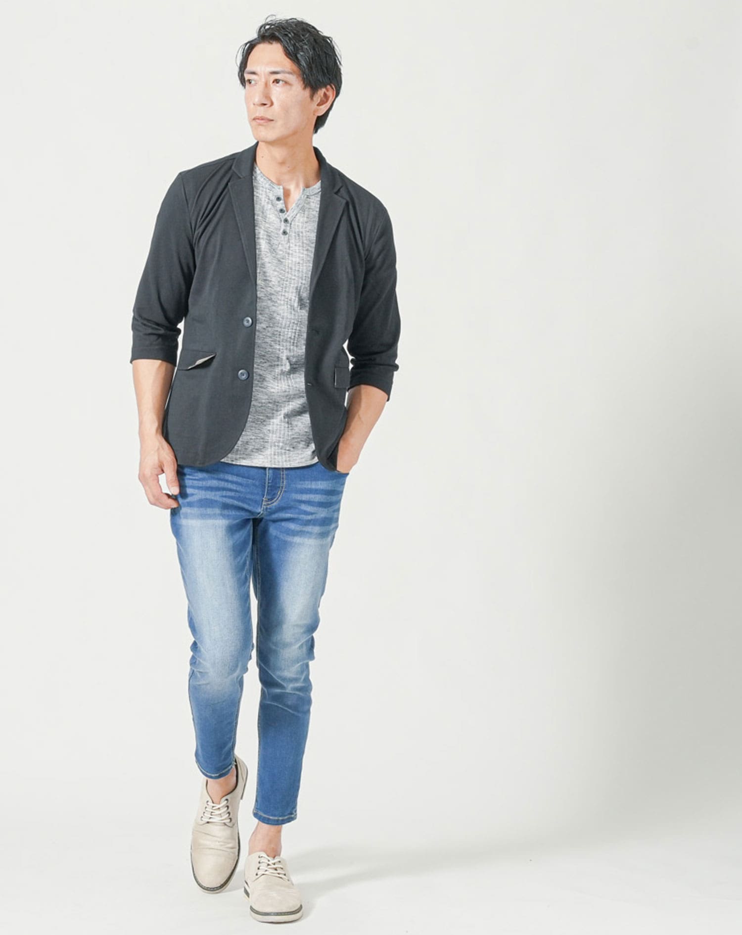 メンズ夏服トップス3点コーデセット　ネイビー7分袖テーラードジャケット×白7分袖Tシャツ×杢黒7分袖Tシャツ