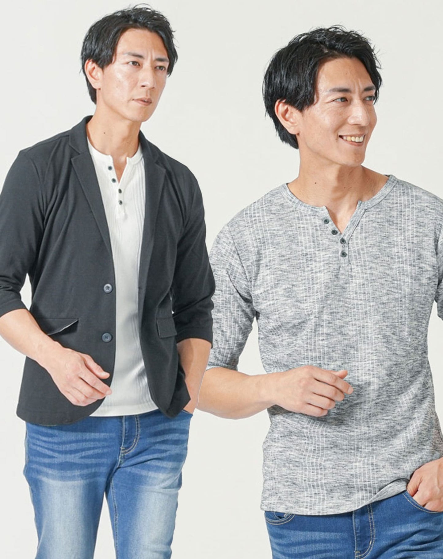 メンズ夏服トップス3点コーデセット　ネイビー7分袖テーラードジャケット×白7分袖Tシャツ×杢黒7分袖Tシャツ