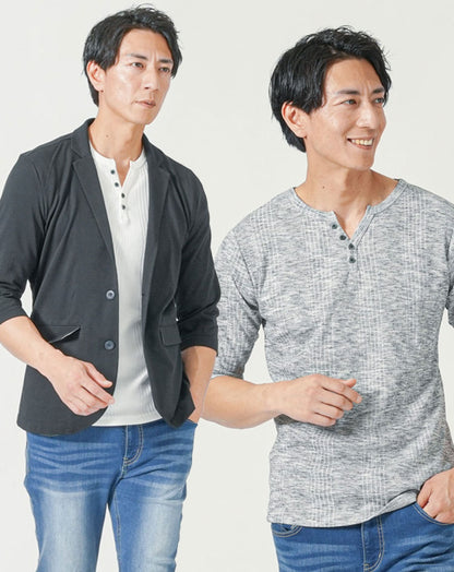 メンズ夏服トップス3点コーデセット　ネイビー7分袖テーラードジャケット×白7分袖Tシャツ×杢黒7分袖Tシャツ
