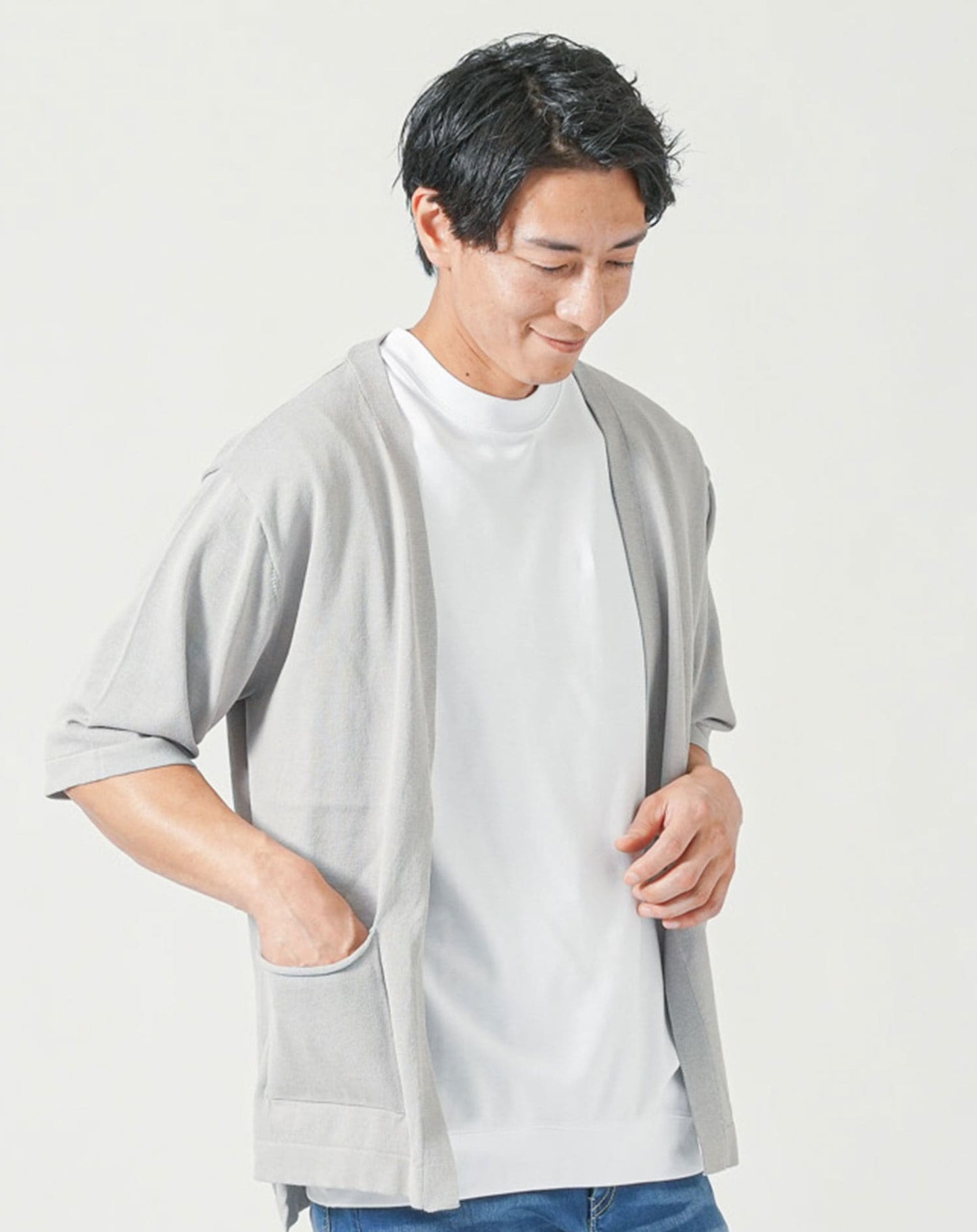 メンズ夏服トップス3点コーデセット　グレー5分袖カーディガン×白半袖Tシャツ×黒半袖Tシャツ