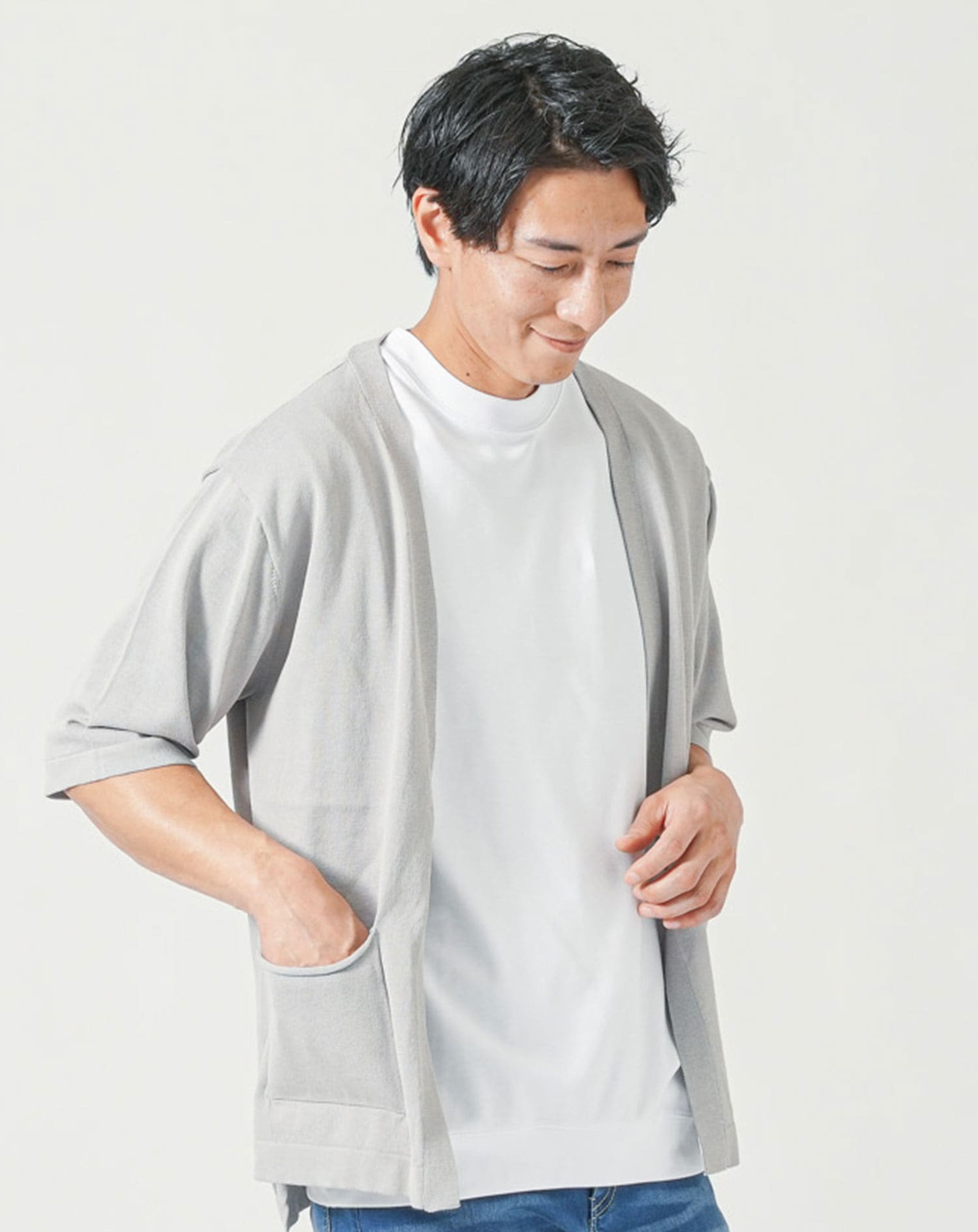 メンズ夏服トップス3点コーデセット　グレー5分袖カーディガン×白半袖Tシャツ×黒半袖Tシャツ