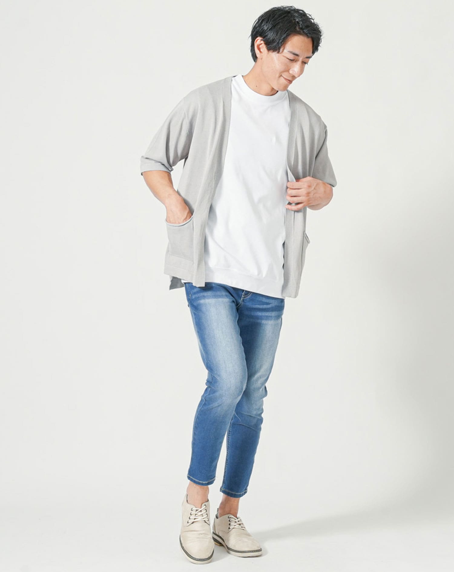 メンズ夏服トップス3点コーデセット　グレー5分袖カーディガン×白半袖Tシャツ×黒半袖Tシャツ