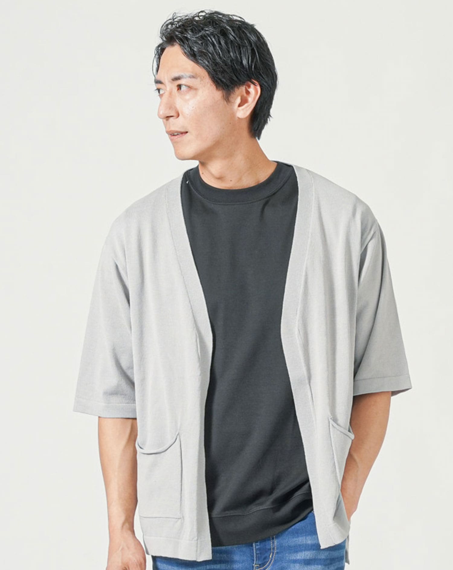 メンズ夏服トップス3点コーデセット　グレー5分袖カーディガン×白半袖Tシャツ×黒半袖Tシャツ