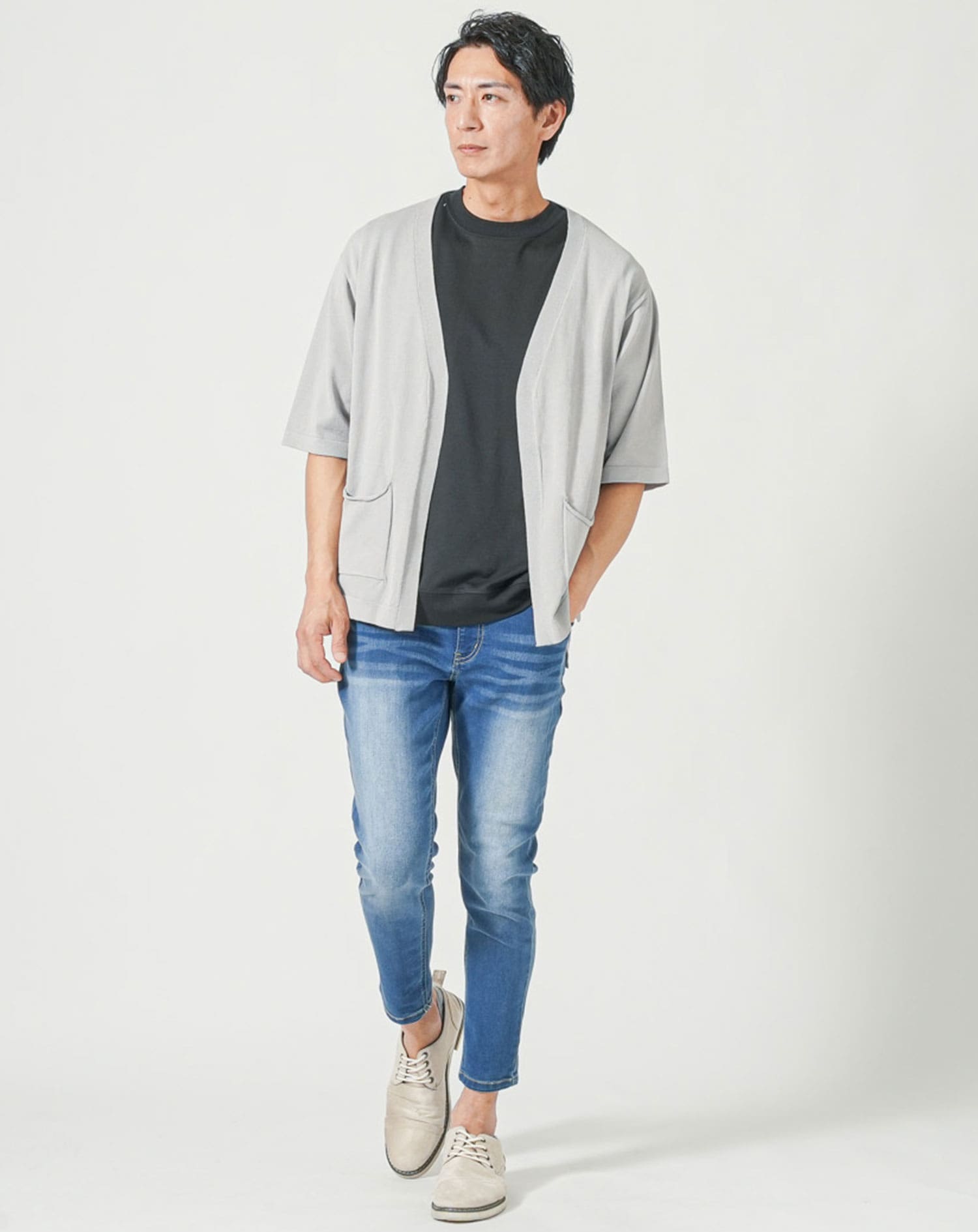 メンズ夏服トップス3点コーデセット　グレー5分袖カーディガン×白半袖Tシャツ×黒半袖Tシャツ