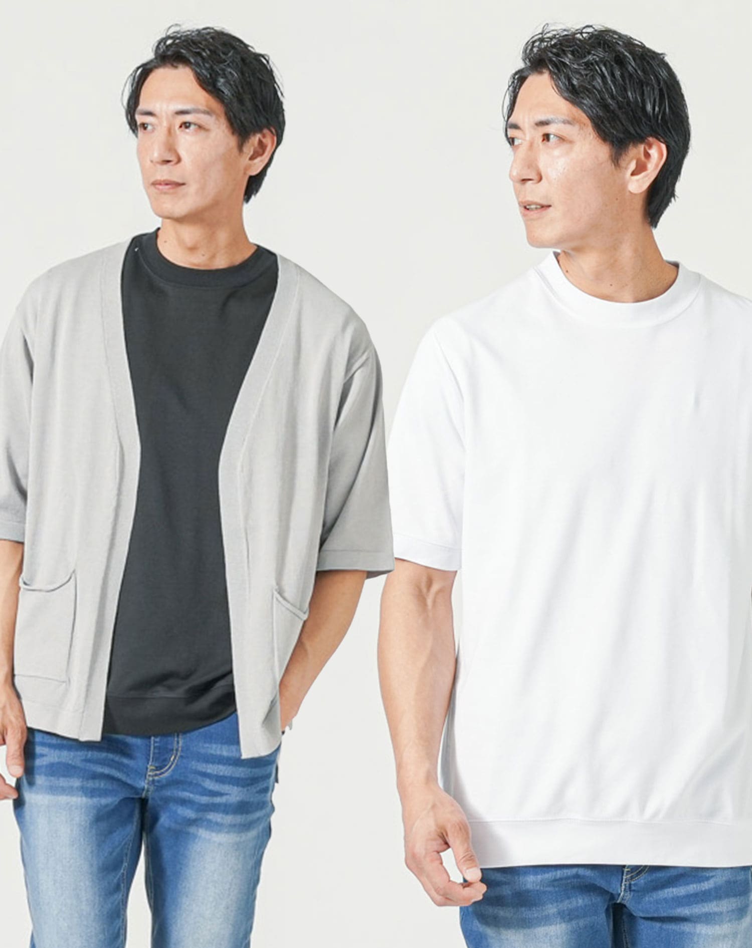 メンズ夏服トップス3点コーデセット　グレー5分袖カーディガン×白半袖Tシャツ×黒半袖Tシャツ