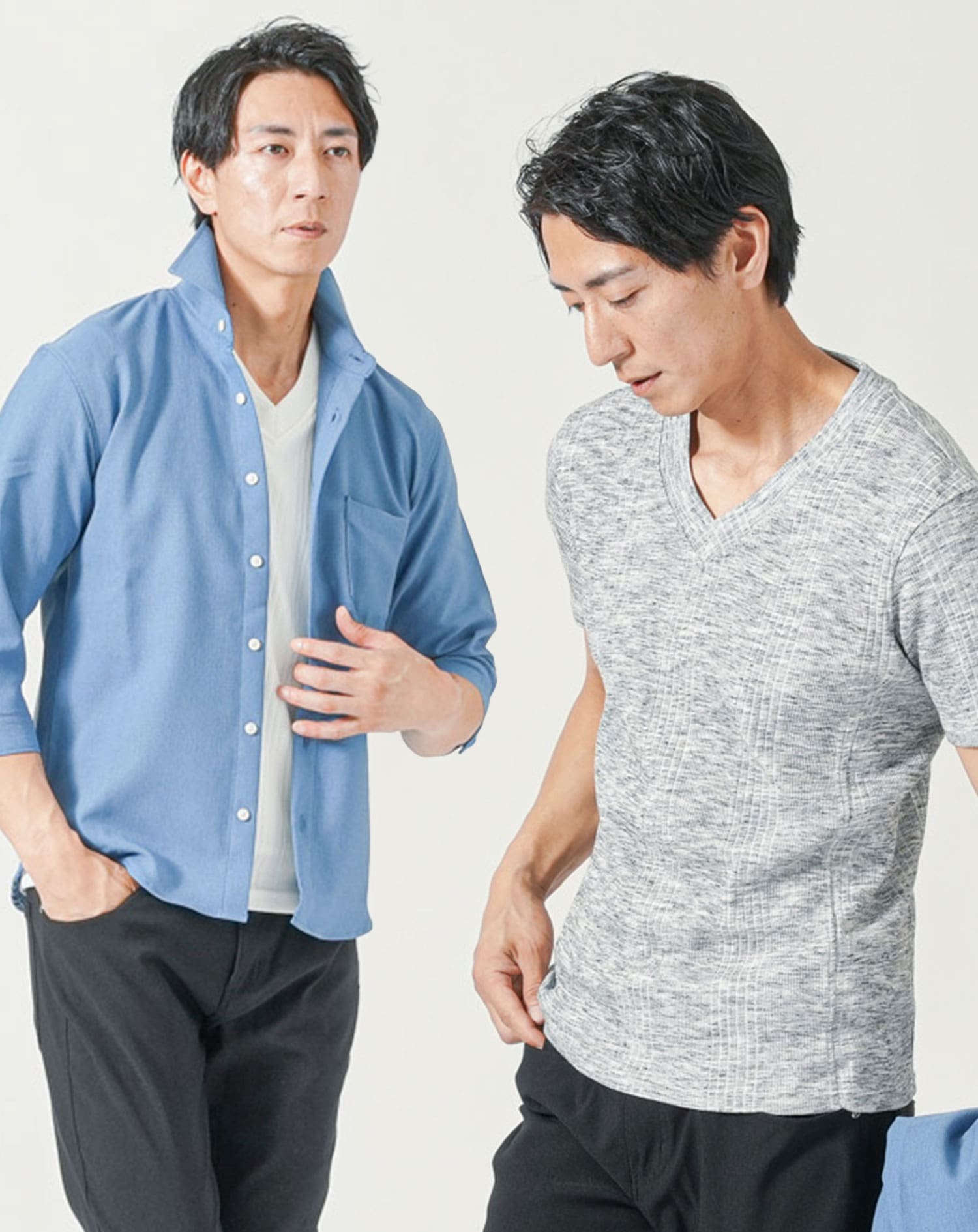 春夏コーデ古着系七分袖Tシャツ三点セット メンズ夏服トップス3点コーデセット サックスブルー7分袖シャツ×白半袖