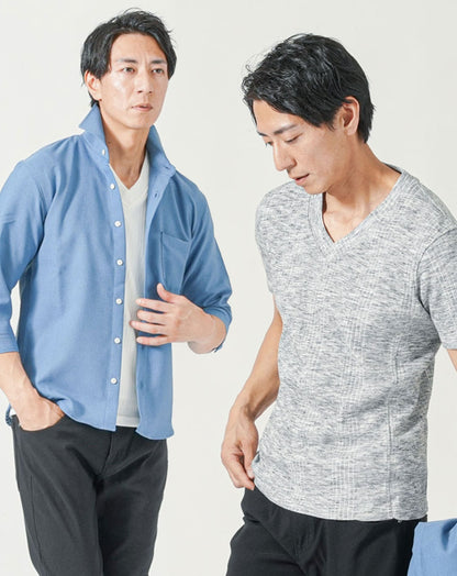 メンズ夏服トップス3点コーデセット　サックスブルー7分袖シャツ×白半袖Tシャツ×杢黒半袖Tシャツ