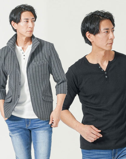メンズ夏服トップス3点コーデセット　グレー7分袖ジャケット×白7分袖ヘンリーネックTシャツ×黒7分袖ヘンリーネックTシャツ