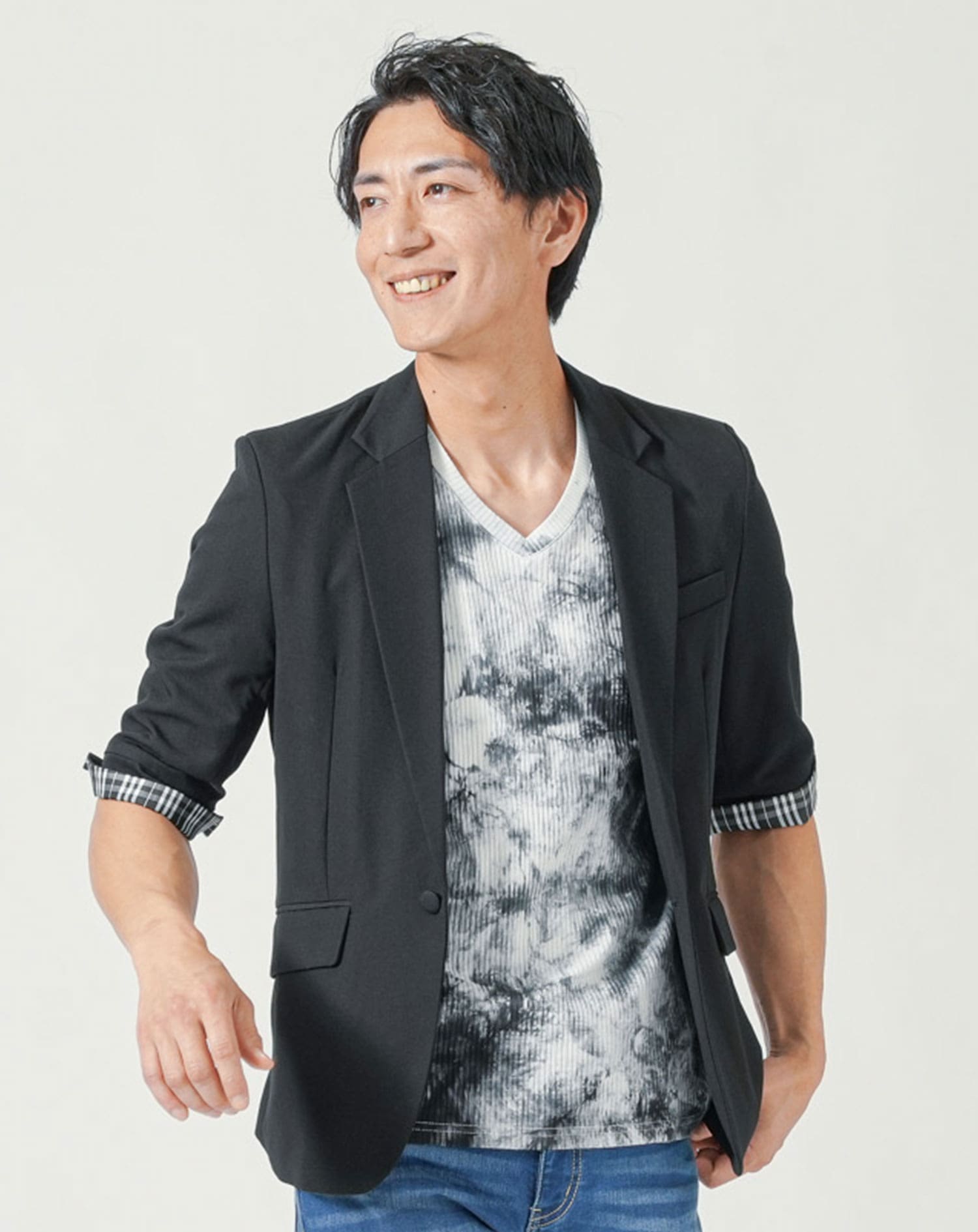メンズ夏服トップス3点コーデセット　黒5分袖テーラードジャケット×白半袖Tシャツ×黒半袖Tシャツ