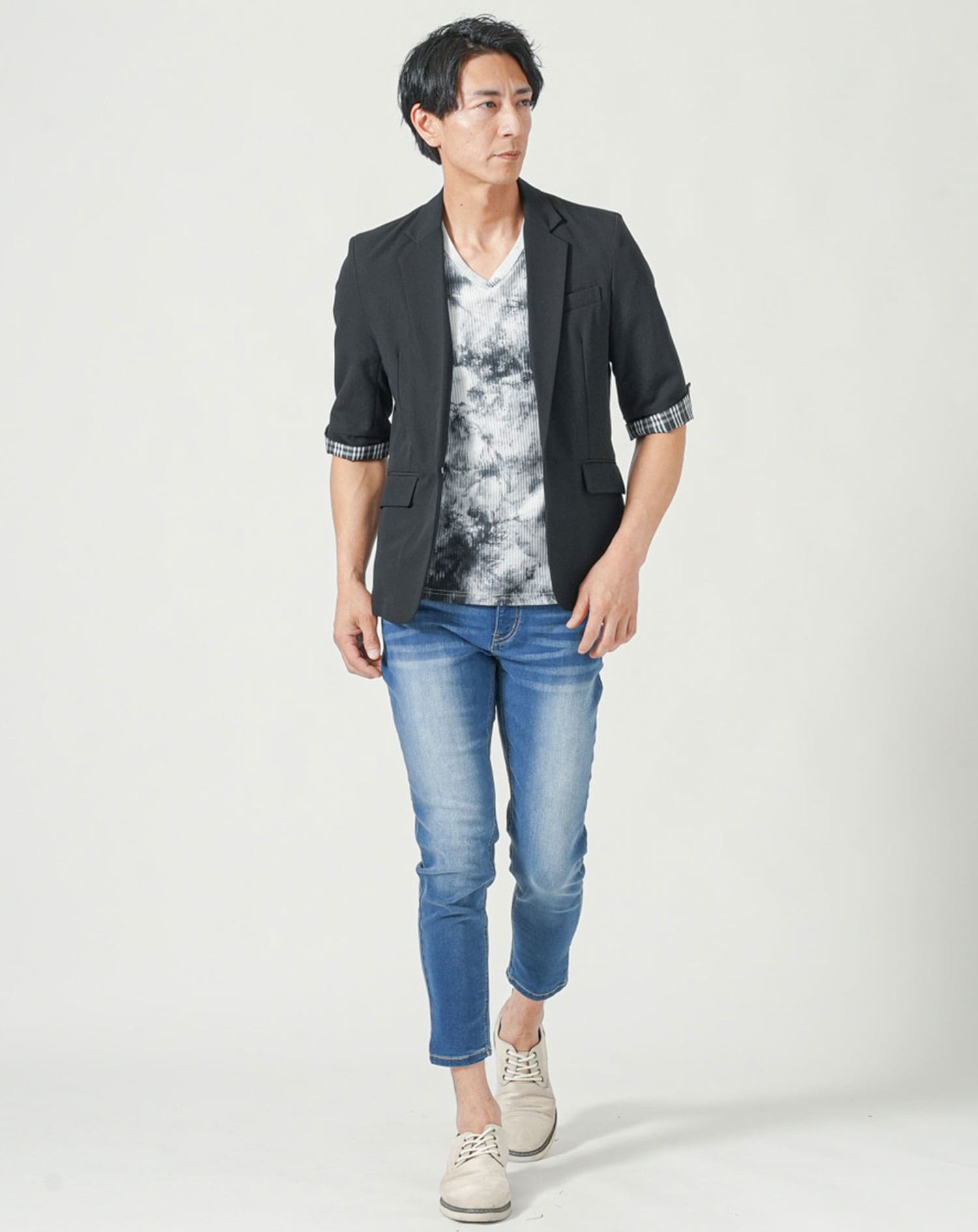 メンズ夏服トップス3点コーデセット　黒5分袖テーラードジャケット×白半袖Tシャツ×黒半袖Tシャツ