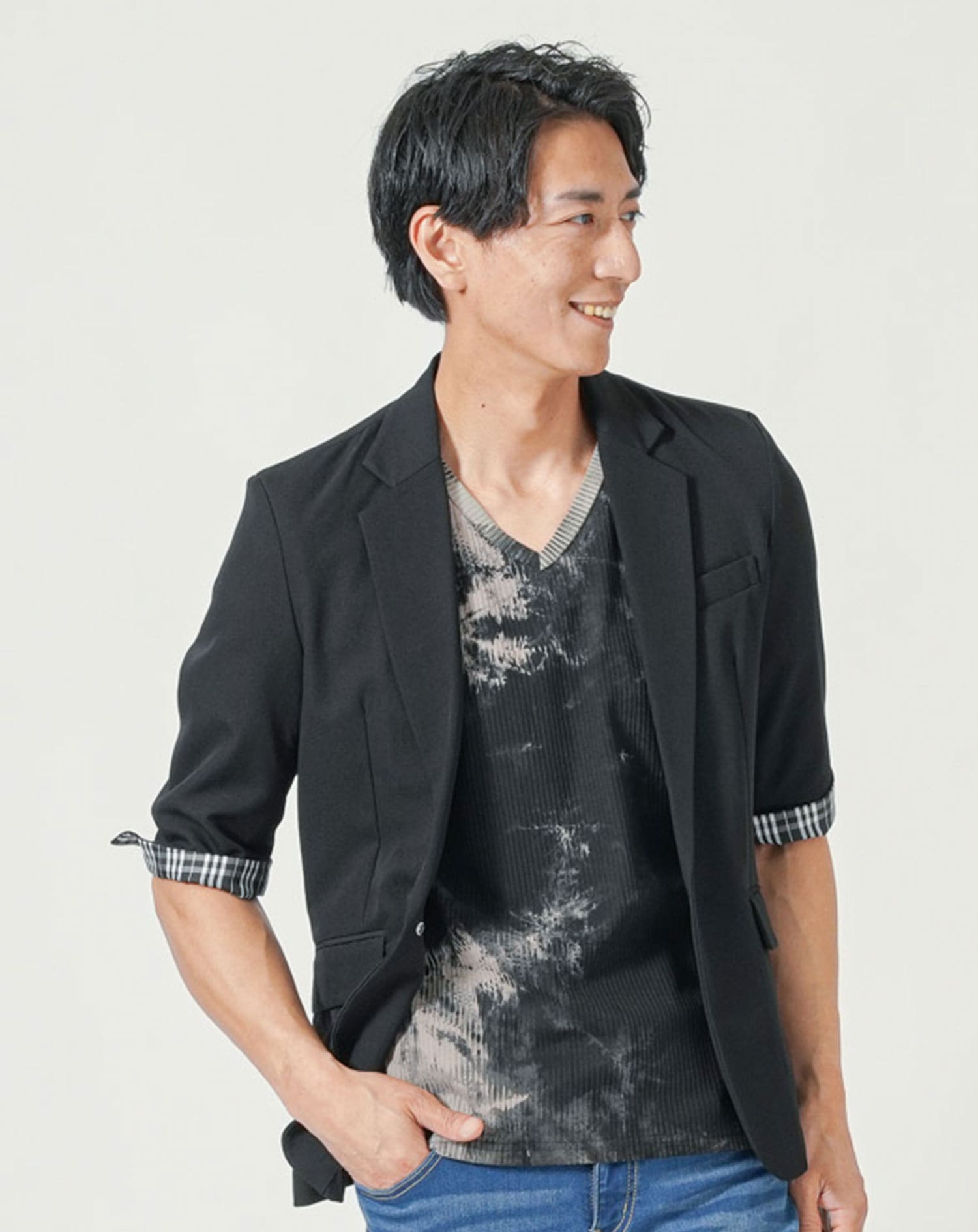 メンズ夏服トップス3点コーデセット　黒5分袖テーラードジャケット×白半袖Tシャツ×黒半袖Tシャツ