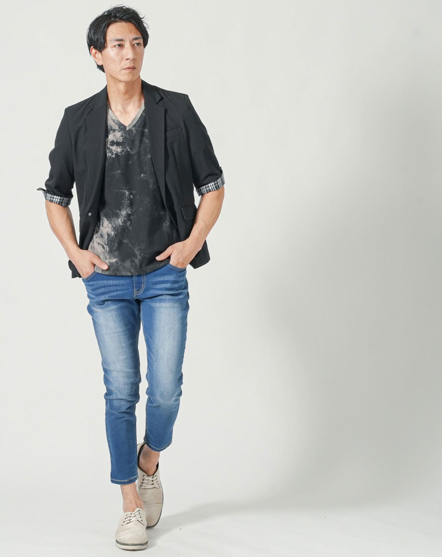 メンズ夏服トップス3点コーデセット　黒5分袖テーラードジャケット×白半袖Tシャツ×黒半袖Tシャツ