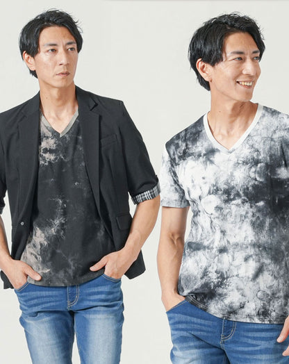 メンズ夏服トップス3点コーデセット　黒5分袖テーラードジャケット×白半袖Tシャツ×黒半袖Tシャツ