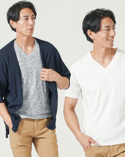 メンズ夏服トップス3点コーデセット　ネイビー5分袖サマーニットカーディガン×白半袖Tシャツ×杢黒半袖Tシャツ