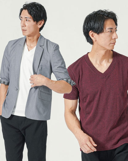 メンズ夏服トップス3点コーデセット　グレー5分袖テーラードジャケット×白半袖Tシャツ×ワイン半袖Tシャツ