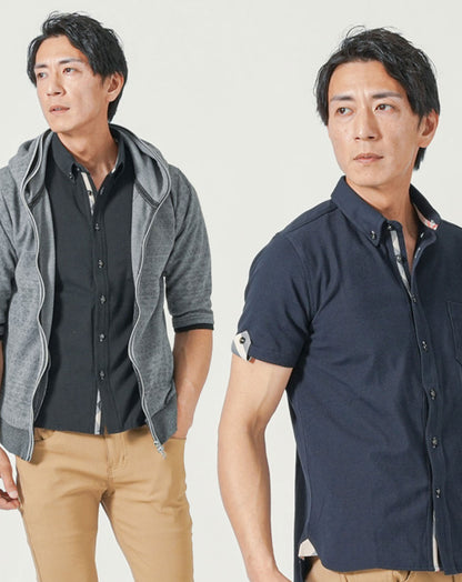 メンズ夏服トップス3点コーデセット　グレー5分袖パーカー×ネイビー半袖Tシャツ×黒半袖シャツ