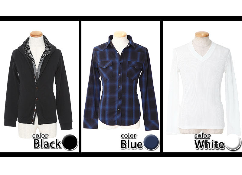 黒パーカー×青チェックシャツ×白カットソーの3点トップスコーデセット