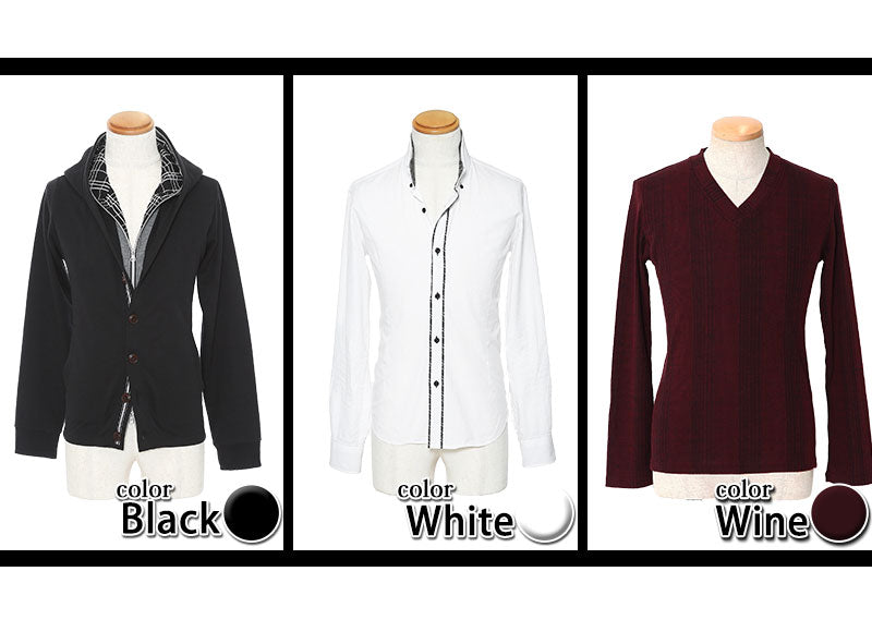 黒パーカー×白シャツ×ワインレッドTシャツの3点トップスコーデセット