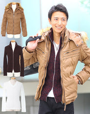 キャメル中綿ダウンジャケット×ワインレッドニットアウター×白カットソーの3点トップスコーデセット　A4