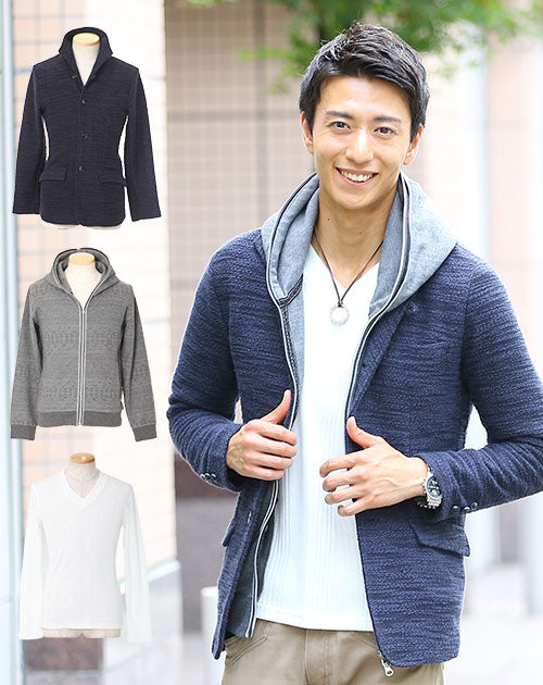 ☆セット買い☆紺×黒ジャケット×杢チャコールパーカー×白Tシャツの3点セット 48