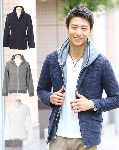 メンズファッション 40代 50代 春 秋 メンズ服 服 セット売り コーデセット 全身コーデ マネキン コーディネート まるごと買える 紺×黒ジャケット×杢チャコールパーカー×白Tシャツ 3点セット