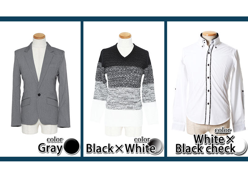 ☆セット買い☆グレージャケット×黒×白ニット×白×黒チェックシャツの3点コーデセット 52