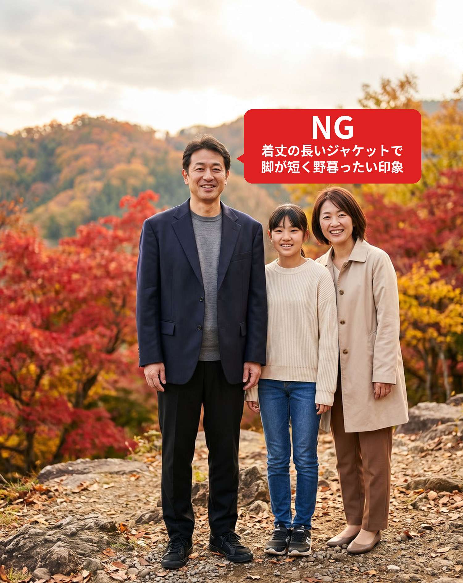 NGコーデ・よくある失敗例　着丈の長いジャケットで紅葉の前に家族と並んだ状態（NGマーク付き）