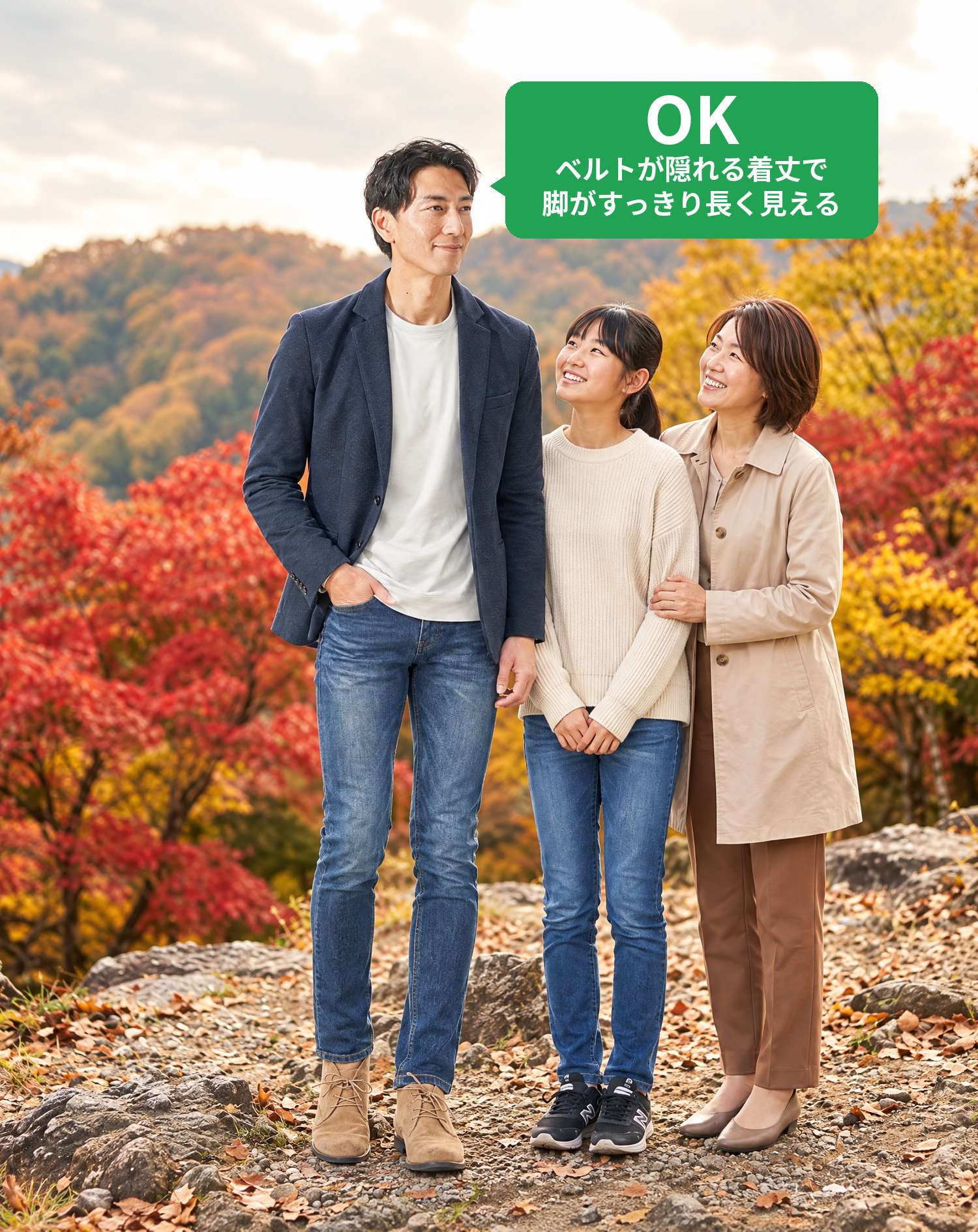 OKコーデ　紅葉の展望スポットで、娘とママに笑顔で見上げられながら家族と並ぶシーン（OKマーク付き）