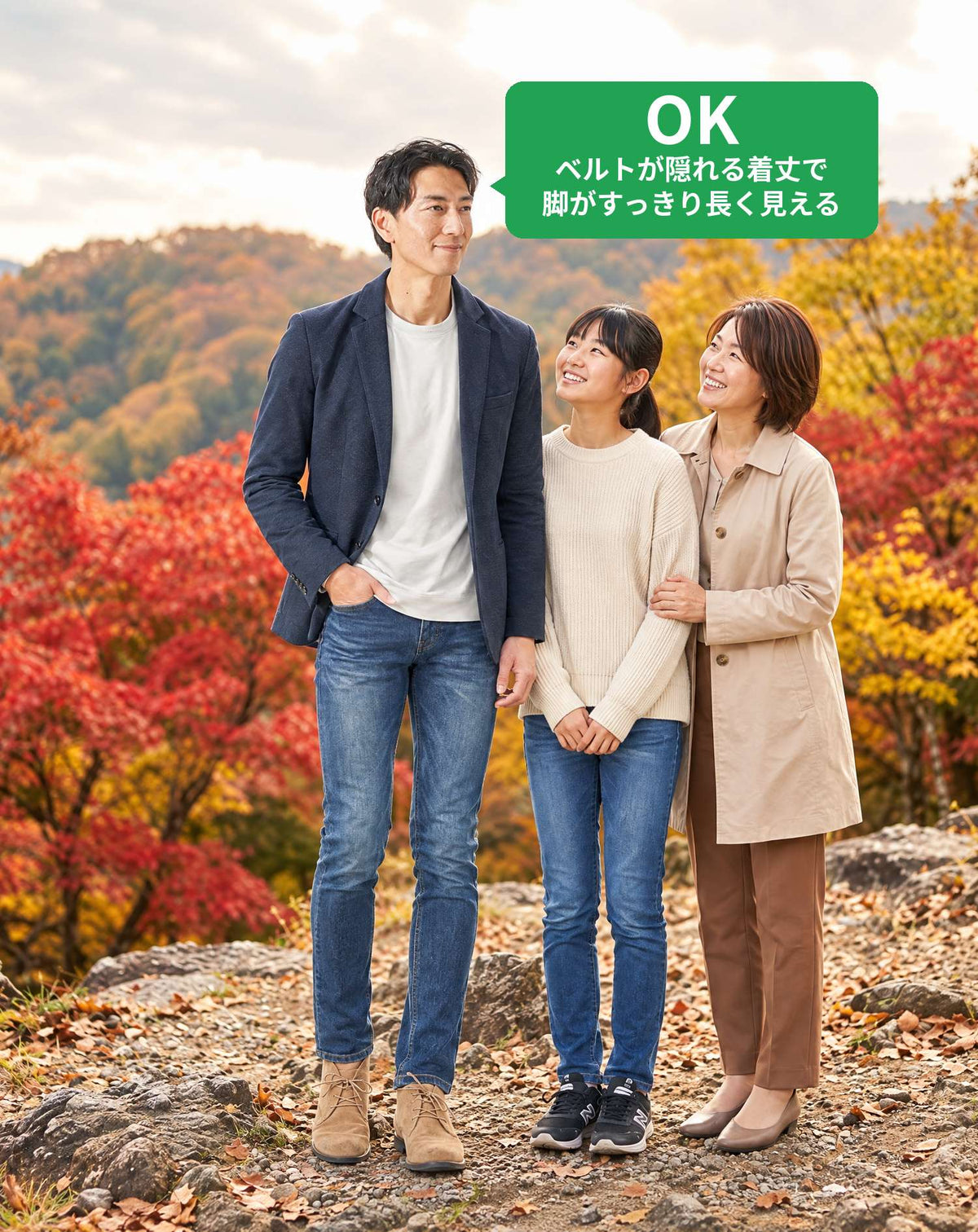 家族旅行40代50代の服装3点メンズコーデセット ネイビーテーラードジャケット×グレークルーネックTシャツ×ネイビーテーパードデニムパンツ