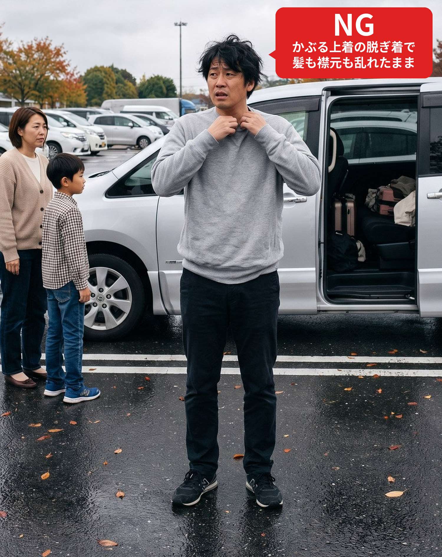 NGコーデ・よくある失敗例　頭からかぶるトレーナーで、サービスエリアの駐車場で車を降りて襟元を直している状態（NGマーク付き）