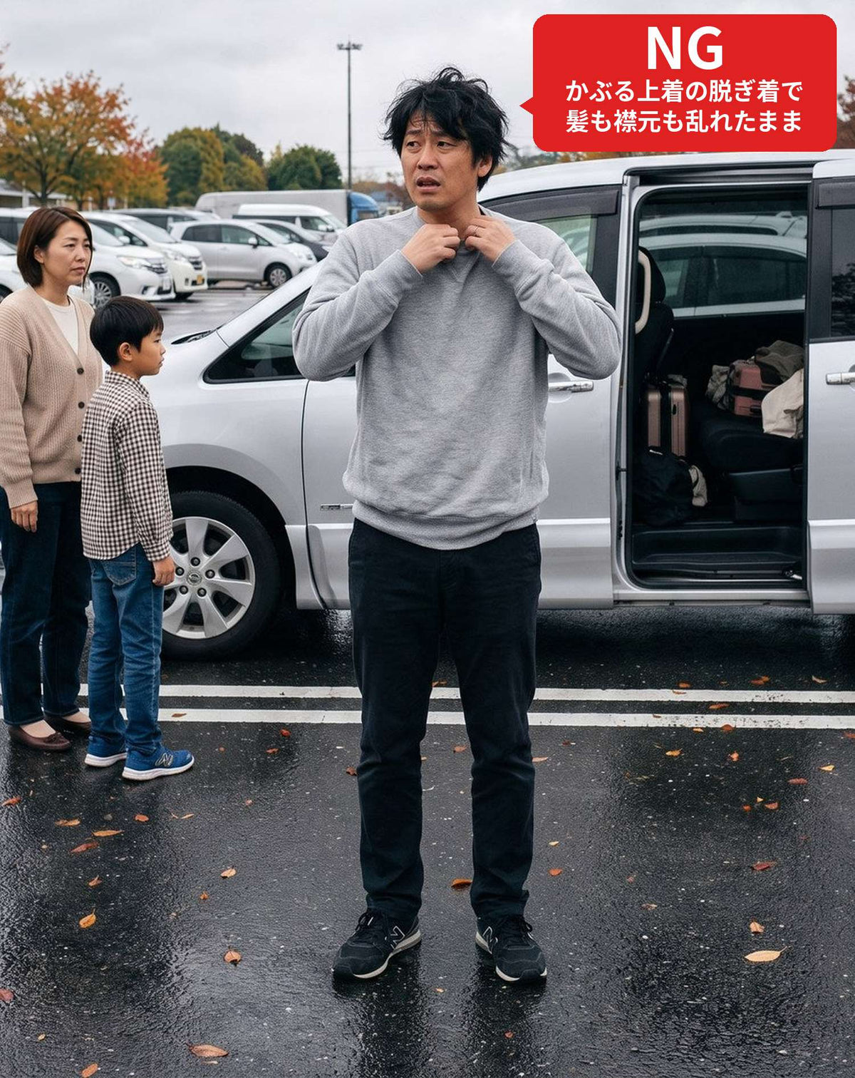 ドライブ旅行40代50代の服装3点メンズコーデセット 黒ニットアウター×白VネックTシャツ×ネイビーテーパードデニムパンツ