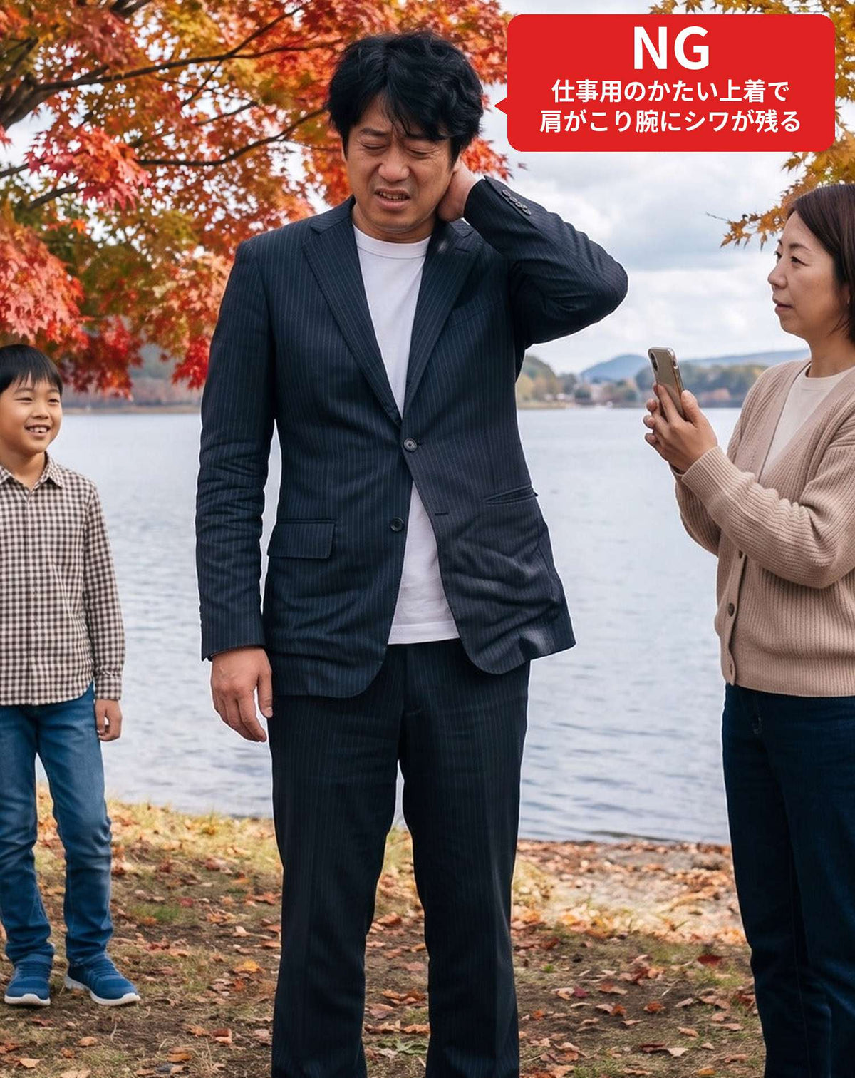 ドライブ旅行40代50代の服装3点メンズコーデセット ネイビージャケット×白クルーネックTシャツ×ベージュチノパンツ