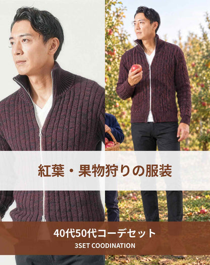 紅葉・果物狩り 秋の旅行の服装3点メンズコーデセット  ワインニットアウター×白VネックTシャツ×黒スキニーテーパードチノパンツ