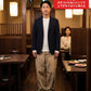 焼肉40代50代の服装3点メンズコーデセット ネイビージャケット×グレークルーネックTシャツ×ネイビーテーパードパンツ
