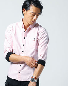 袖リブデザインオックスフォード７分袖コットンシャツ