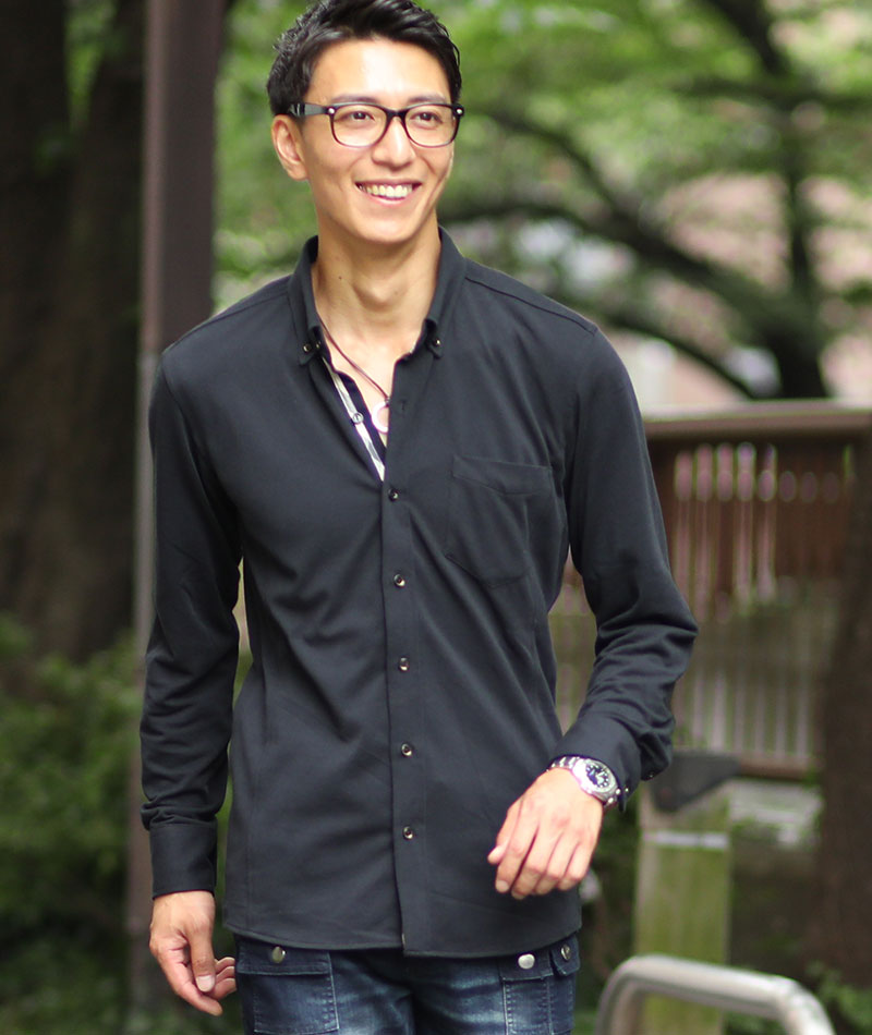 接触冷感　前立てデザイン前開き長袖ポロシャツ