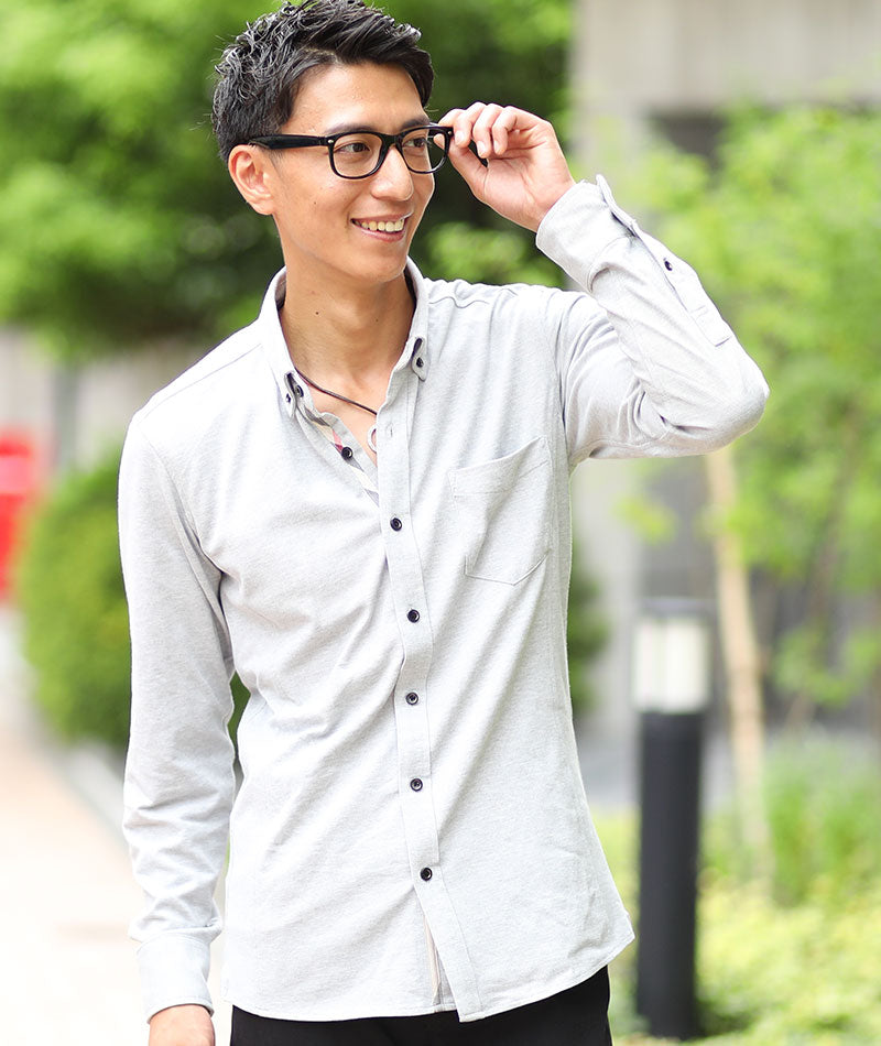 接触冷感　前立てデザイン前開き長袖ポロシャツ