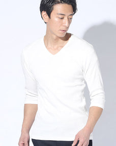 Ｖネック７分袖テレコ素材スリムフィットカットソー 日本製