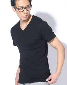 Ｖネック半袖テレコ素材スリムフィットカットソー 日本製