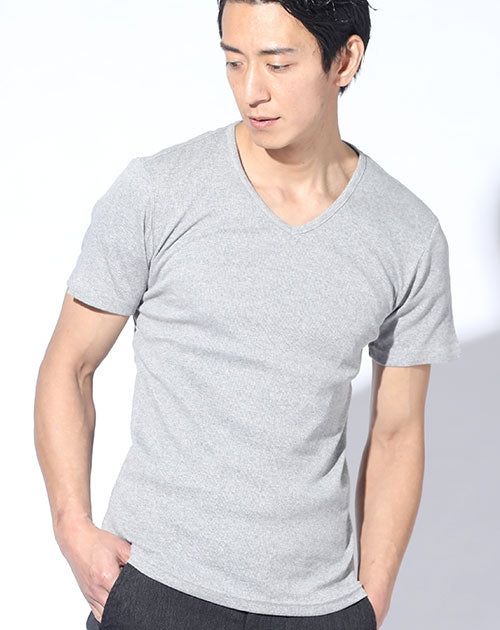 Ｖネック半袖テレコ素材スリムフィットカットソー 日本製