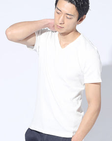 Ｖネック半袖テレコ素材スリムフィットカットソー 日本製