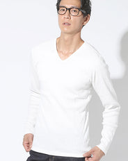 Vネック長袖テレコ素材スリムフィットカットソー 日本製 Biz