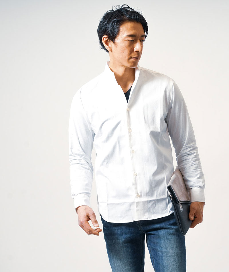 日本製イタリアンスタンドカラー長袖スキッパーブロードシャツ