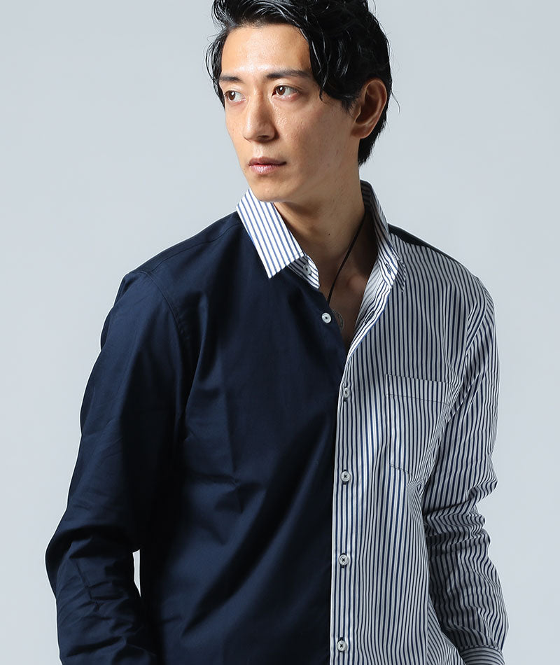 ストライプ切り替え日本製長袖シャツ